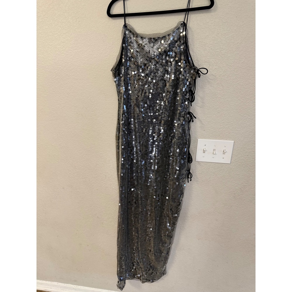Topshop Sequin Mesh Side Tie Maxi Dress Silver US 10 Y2K Glam Festival Gown - Picture 5 of 10